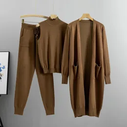 Mulheres calças de duas peças moda feminina camisola 3 peça terno outono longo cardiganhal Half neck coletes conjunto de malha 231129