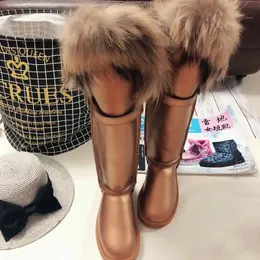 Chinelos inverno natural pele botas longas preto couro genuíno neve joelho alto impermeável plana raccoon boot 231129