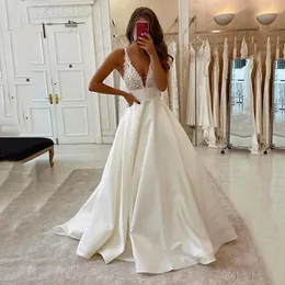 Satin A-Line Wedding Dresses For Women Spaghetti Backless Court Train Simple Applique Sleeveless Custom Made