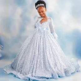 Sequin Sparkling Flower Girl Dresses Feather White Princess Bridal Dress for Wedding Sequined Birthday Party Communication Gowns Little Girl's Gown Parties C201