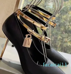 Fashionable brand dress shoes gold lock decoration women sandal casual leather high heel party ankle straps genuine classic