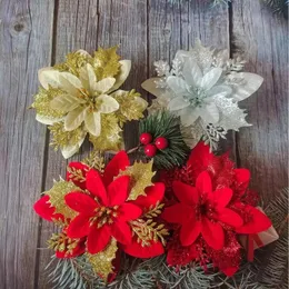 Dried Flowers 5pcs Glitter Artificial Christmas Poinsettia Floral Xmas Tree Ornaments DIY Garlands Year Wedding Decorations 231130