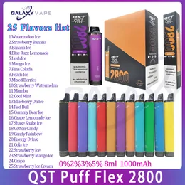 Original QST Puff Flex 2800 Puff E Cigarro 8ml Pod pré-cheio 1000mAh Bateria 0% 2% 5% nível Vape descartável Puffs 2800 25 sabores