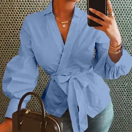 Блузки Рубашки Celmia 2023 Модная женская рубашка Элегантная рубашка с рукавами-фонариками Летняя повседневная рубашка с поясом Однотонный сексуальный топ с v-образным вырезом Элегантный синий 231130