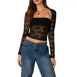 Mulheres Camisetas Xingqing Shrug e Top Set 2 Pcs Outfits Mulheres Sexy Sheer Floral Lace Alças Bandeau com Manga Longa Cover Up