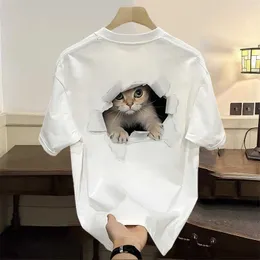 Summer new unisex pure cotton T-shirt short sleeved minimalist design with printed cat round neck trendy top ins