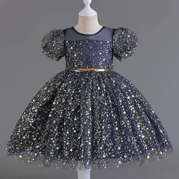 Mädchen Kleider Kinder Prinzessin Kleid Metallic-Stil Persönlichkeit gedruckt Gürtel Puffärmel Rock Gaze Peng Party M7603 231130