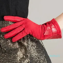 Großhandels-Mode-Frauen-Handschuhe Nappa-Wildleder-Leder-Handschuhe Fleece gefütterte elegante Bogen-Handgelenk-Fäustlinge Winter weiblich
