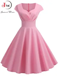 Vestidos de festa Pink Summer Women V Neck Big Swing Vintage Robe Femme elegante Retro Pin Up Office Midi 230428