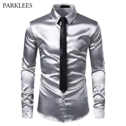 Herren-Freizeithemden, silbernes Seidenhemd, Krawatten-Set, Herren-Smokinghemden aus glattem Satin, lässige Button-Down-Männerhemden, Hochzeit, Party, Abschlussball, Chemise Homme 231130