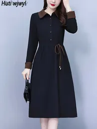 Basic Casual Dresses 2023 Autumn Winter Vintage Black Formal Collar Midi Vestidos Women Elegant Bodycon Party Dress Korean Chic Prom Night DressL231130