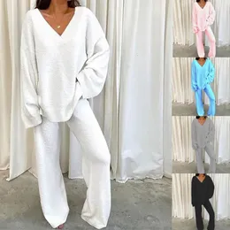 Kadınlar İki Parçalı Pantolon Sonbahar ve Kış 2 Parça Set Pijamalar Vneck Bölünmüş Top geniş bacak koşu fermuar 231129