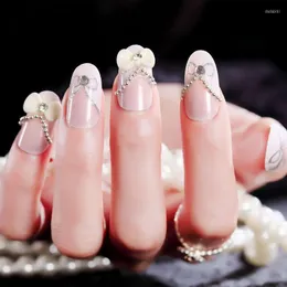 Unghie finte Fiocco French Press su strass Adesivo acrilico nudo Abbigliamento quotidiano Prom artificiale Breve carino Punte per unghie 3D da donna 24 pezzi