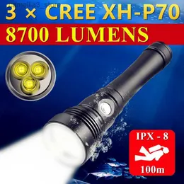 Torches XHP70 Diving Flashlight Underwater 100m Powerful 3LED Flashlight Scuba Diving Torch IPX8 Profession Waterproof Hand Lamp Q231130