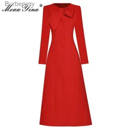 Basic Casual Dresses MoaaYina Fashion Ruy dress Autumn Winter Women Dress O-neck Bow Long Sle Single Breasted Split Thickened Red DressesL231130