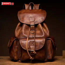 Schultaschen Pflanzlich gegerbter Lederrucksack Herren Erste Schicht Rindsleder Computertasche Lässige Reiserucksäcke Große Kapazität Vintage 231130