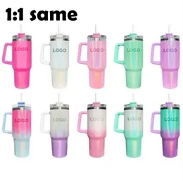 Sublimation 40oz Glitter Tumblers Cups with Handle and Straws Gradient Color Insulated Car Travel Mugs Stainless Steel Tumbler Big Capacity Water Bottles 1130