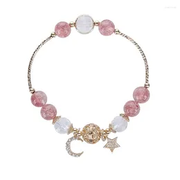 Charm Bracelets Pulseira feminina na moda com quartzo morango e cristal branco exalando elegância