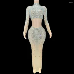 Stage Wear Sparkly Rhinestones Top Long Skirt Sexy Transparent Stretchy Two Pieces Set Celebrate Evening Prom Gown Birthday Dress For Women