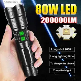 Torches 200000lm مصباح يدوي LED قوي Super Bright 80W Torch Type-C قابلة لإعادة الشحن ضوء الفلاش عالية الطاقة مصباح التخييم التكتيكي الفانوس Q231130