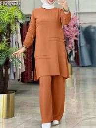 Ethnic Clothing ZANZEA Muslim Sets Two Piece Autumn Elegant Full Sleeve Blouse Wide Leg Pants Dubai Abaya Turkey Kaftan Women Matching Set 230131