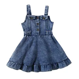 Abito da bambina per bambini, neonate, estate, denim, moda, senza maniche, bottoni, volant, vestito dal carro armato 6M-4T 0131