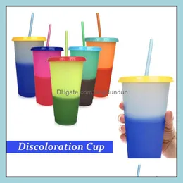 Tassen 24 Unzen Farbwechselbecher Magic Plastic Trinktemperatur Tumbler mit Deckel und St. Bonbonfarben Wiederverwendbare Kaltgetränke Kaffee Dro Otvnk