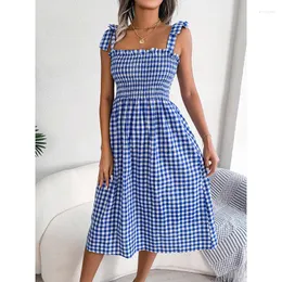 Casual Dresses YEMOGGY Elegant Check Strap Dress For Women Summer 2023 Folds Strapless High Waist Lace-up A-line Midi