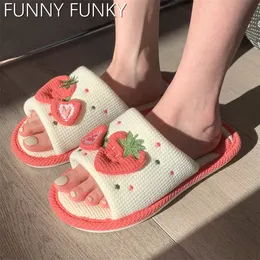 Tofflor våren hem linne bomull kvinnliga sandaler inomhusskor icke-halkslipor damer Strawberry Korean Style Woman Shoe 230201
