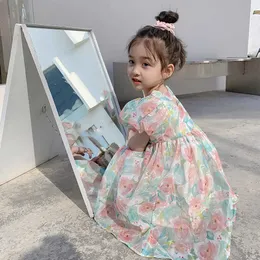 Meninas es meninas pescoço quadrado verão nova versão coreana crianças roupas flor puff manga festa vestido de princesa vestidos de noite 0131