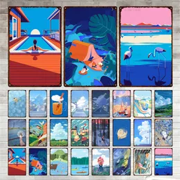 水泳スズのサインランドスケープヴィンテージメタルペインティングスカイリバーレトロプレートプラークメタルウォール装飾壁ポスター