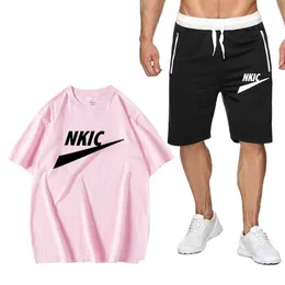 Agasalhos esportivos masculinos, corrida matinal, casual, camiseta masculina de manga curta, casual, simples, shorts de cinco pontos, fitness, conjunto de duas peças, impressão do logotipo da marca