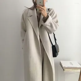 Lana femminile Miscela Donne Autunno inverno Kaki Spettata cappotto lungo il temperamento di lana sopra il ginocchio Over -Coat Tele