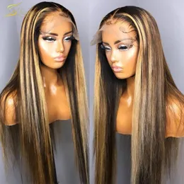 하이라이트 Ombre Honey Blonde Color Preplucked Straight Human Hair Wigs Bleach Knots HD Transparent Glueless Prontal Wig 360 26in