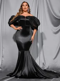 Elegant Black Silk Satin Mermaid Prom Dresses With Insert Mesh Off Shoulder Lantern Sleeves Long Formal Evening Gowns Plus Size Women Celebrity Party Occasion Wear