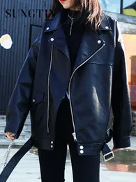 여성 가죽 가짜 부화 한국 재킷 여자 벨트 대형 BF 스타일 펑크 푸 스트리트 하이 스트리트 바이커 코트 230131