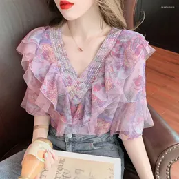 Frauen T Shirts Gedruckt Chiffon Hemd frauen Sommer V-ausschnitt Bohren Floral Kurzarm Mesh De Mujer Blusas Tops