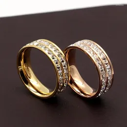 Bröllopsringar Single Double Row Österrikiska kristaller Square For Women Jewelry Titanuim Steel Rose Gold Zirconia Luxury Love R011-2