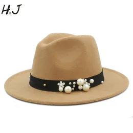 Chapeaux à large bord laine Fedora chapeau pour femmes hommes hiver automne disquette Cloche Jazz parrain Sombrero casquettes fleur perle ruban