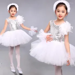 Bühnenkleidung, weißes Mädchen-Ballett-Ballsaal-Tanzkleid, Prinzessin-Party-Kostüm, Kinder-Tutu-Trikot mit Kopfbedeckung