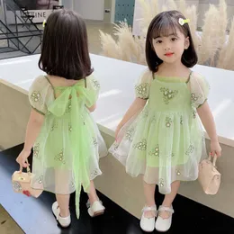 Girl's Children's For Girls Summer Clothes Toddler Es broderade Flower Tulle 2 3 4 5 6 7 år Ribbon Princess Dress 0131