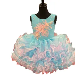 Ruffles Cupcake Girl Pageant Dress 2023 Crystals Little Kids Cocktail Rising Star On-Stage Formal Event Party Wear Gowns Infant Toddler Flower Girls Turquoise Pink