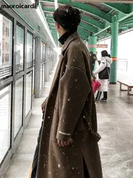 Men's Wool Blends Mauroicardi Autumn Winter Long Khaki Black Soft Warm Trench Coat Men with Side Slit Sashes Loose Casual Korean Fashion 230201