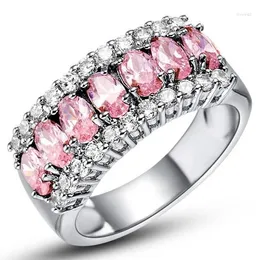 Fedi nuziali Seanlov Moda Gioielli rosa Zircone Anello color argento Regalo di fidanzamento di lusso per le donne