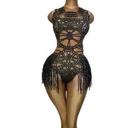 Kvinnors jumpsuits Rompers Fashion Tight Fiting Crystal Tassel Nude Dancer Bodysuit Women Sleeveless Elastic Leotard Nightclub DS Dance Outfits 230131