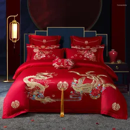 Bedding Sets Red Chinese Wedding Set Luxury Golden Dragon Phoenix Embroidery Tassel Duvet Cover Bed Sheet Pillowcases Cotton
