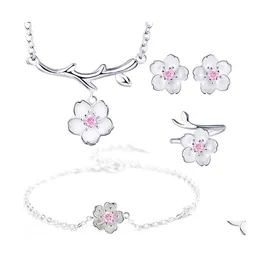 Orecchini Collana Set di gioielli da sposa da sposa Argento placcato Viola Rosa Cristallo Fiori di ciliegio Collane di fiori Anelli per le donne Dro Otbpc