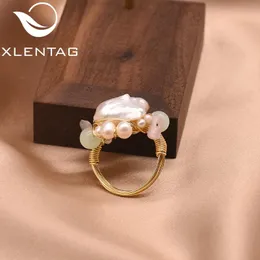 클러스터 반지 XLENGAG 수제 원래 천연 핑크 바로크 진주 진주 녹색 돌 반지를위한 결혼식 약혼 미세 주얼리 GR0233