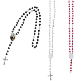 Pendant Necklaces Vintage Sublimation Blank Cross Necklace Woman Thermal Transter Abs Beads Po Frame Red Purple Black White For Wome Dhzjx