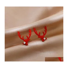 Stud Moda Takı S925 Sier Post Kırmızı Geyik Küpe Sevimli Elk Antler Küpe Damla Teslimat Dhskt